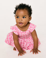 Sweet Pink Petals Flutter Twirl Dress with Bodysuit