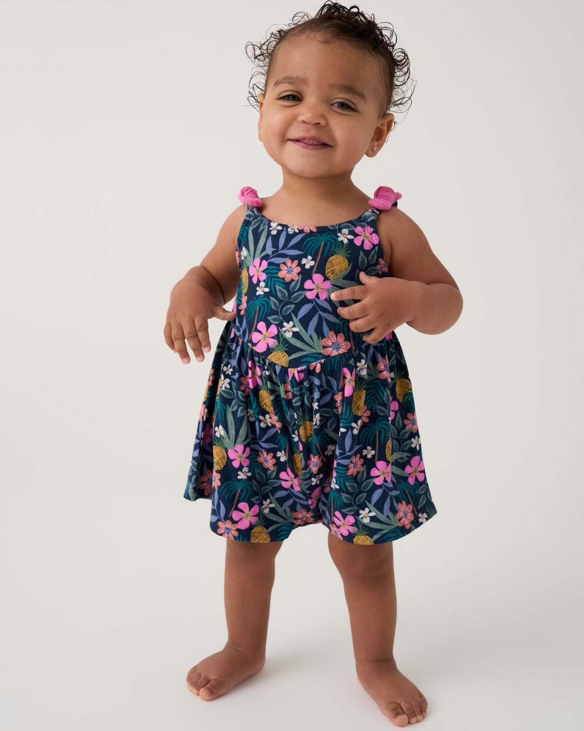 Tropical Garden Baby Bow Strap Romper